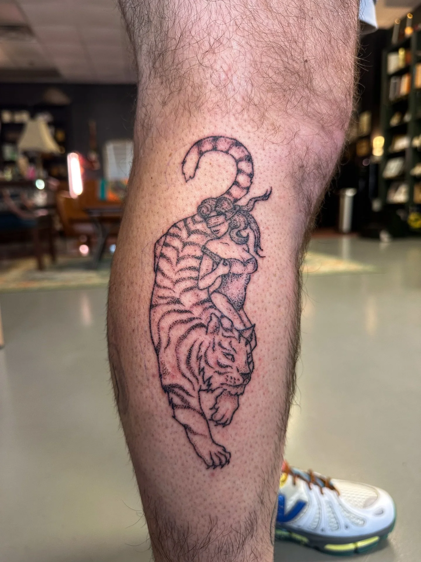 A blindfolded lady and tiger tattoo designed and tattooed by Katie for Nathan. This is one of the first few pieces of a themed leg sleeve for Nathan, and it&rsquo;s been really cool to see it develop with each session.

If you would like something si