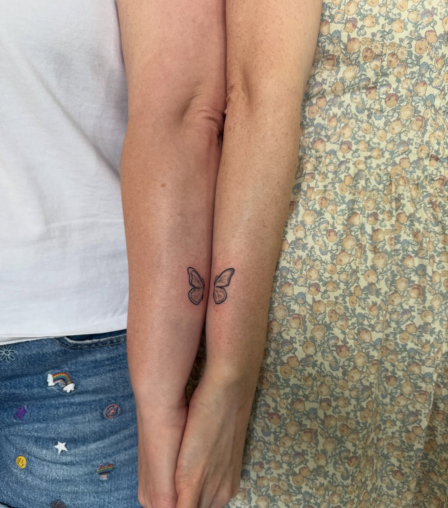 A matching set of butterfly wings for two sisters designed and tattooed by Marki.

These two ladies opted to be tattooed by the same artist, one after the other, however we are able to accommodate groups that want to be tattooed all at the same time 