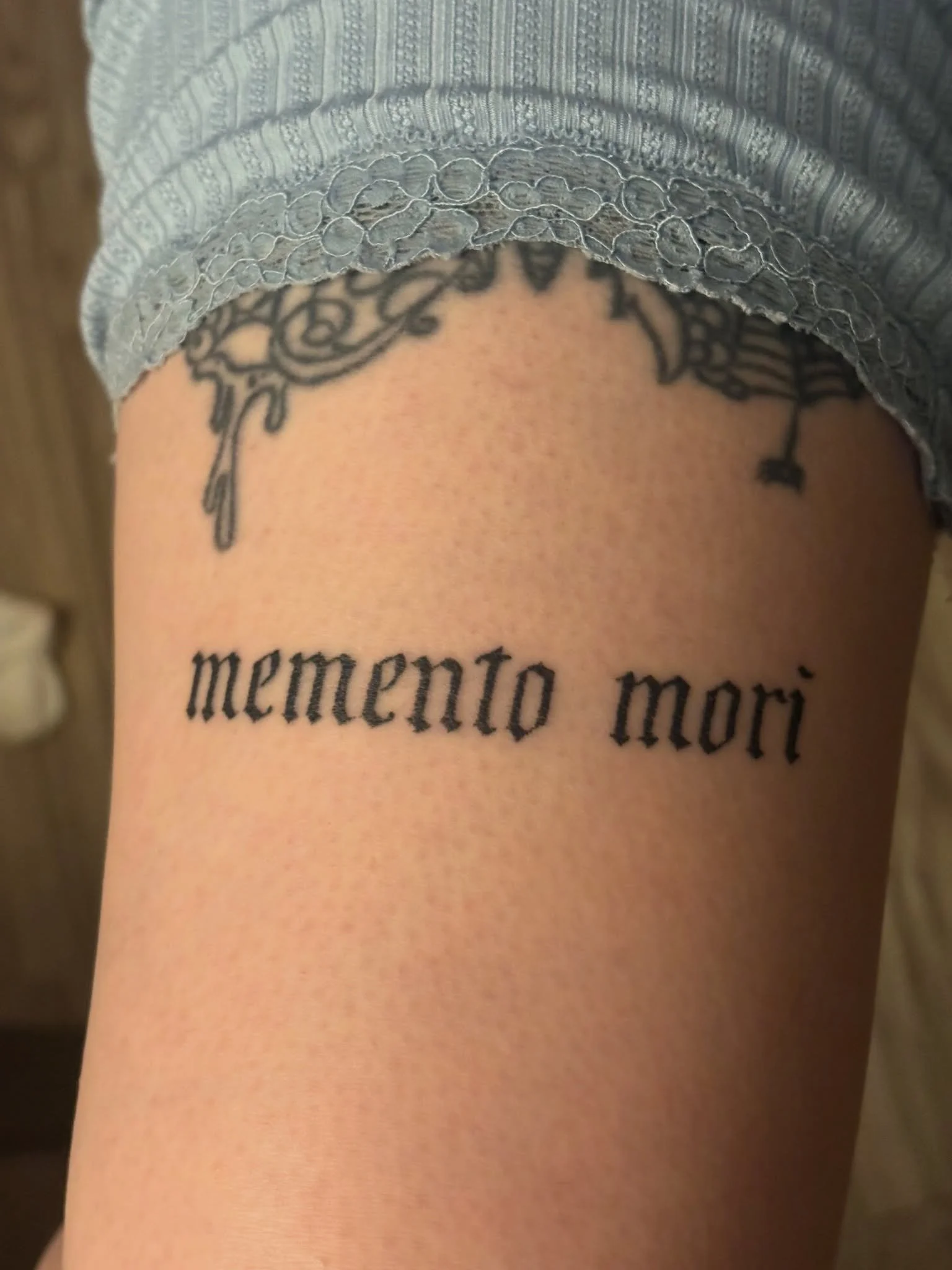 A little memento mori tattoo designed and tattooed by Vanessa. She&rsquo;s really been loving this type of font for text tattoos lately, but would love to do all types of text tattoos. Shoot us a message if you&rsquo;d like to book in for your next t
