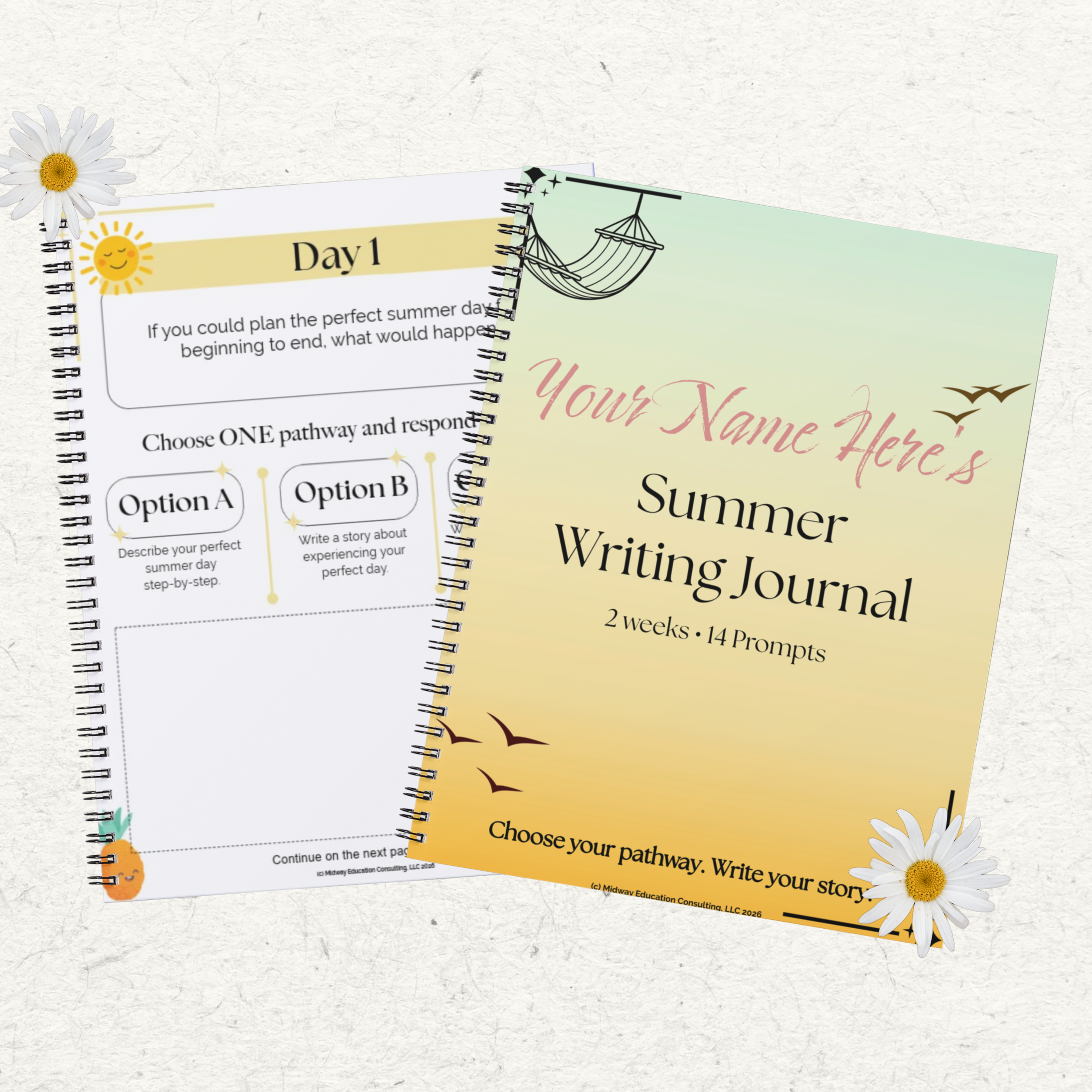 Two spiral-bound writing journals on a textured light background, decorated with daisies and a small illustration of a smiling sun and flying birds.