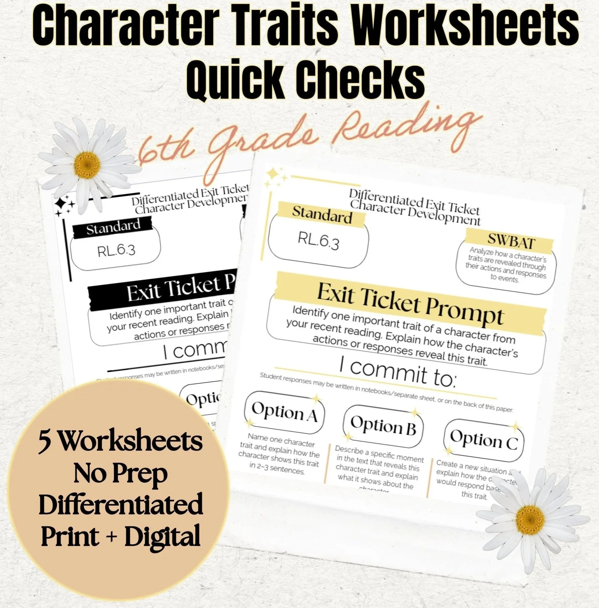 Character Traits Worksheets | Quick Check Reading Comprehension | 6th Grade ELA | Exit Tickets | No Prep Print & Digital