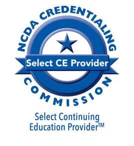 NCDA Credentialing Commission badge with a star in the center and the words "Select CE Provider" across a ribbon, indicating approval for continuing education providers.