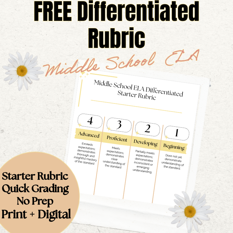 An advertisement for a free, differentiated rubric for middle school ELA, featuring a sample rubric with four levels: Beginning, Developing, Proficient, and Advanced. The image includes daisies and a beige circle with text about quick grading, no prep, and print plus digital options.