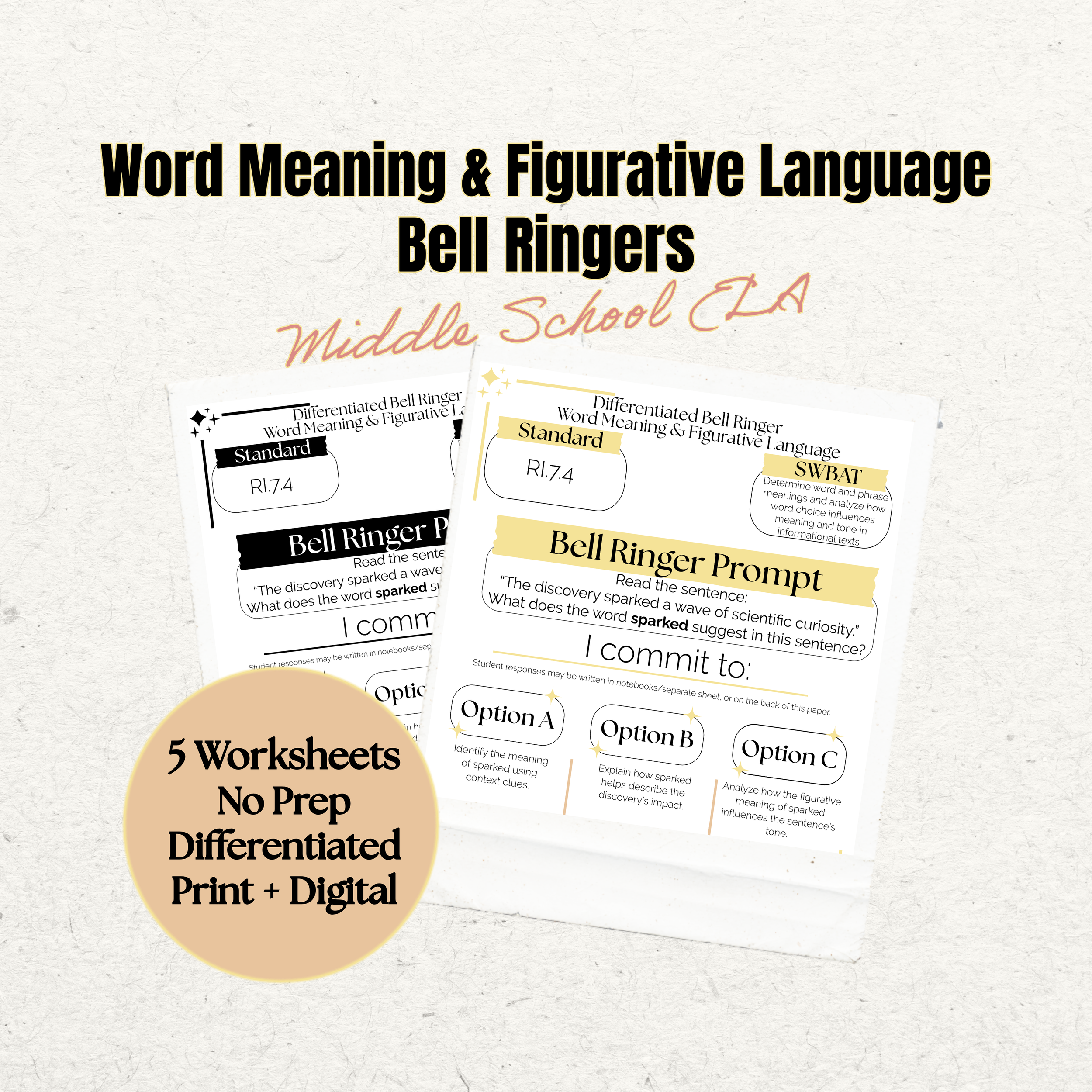 Word Meaning  and Figurative Language Worksheets | 7th Grade Reading Comprehension | Figurative Language Activities | Bell Ringers | No Prep Print & Digital