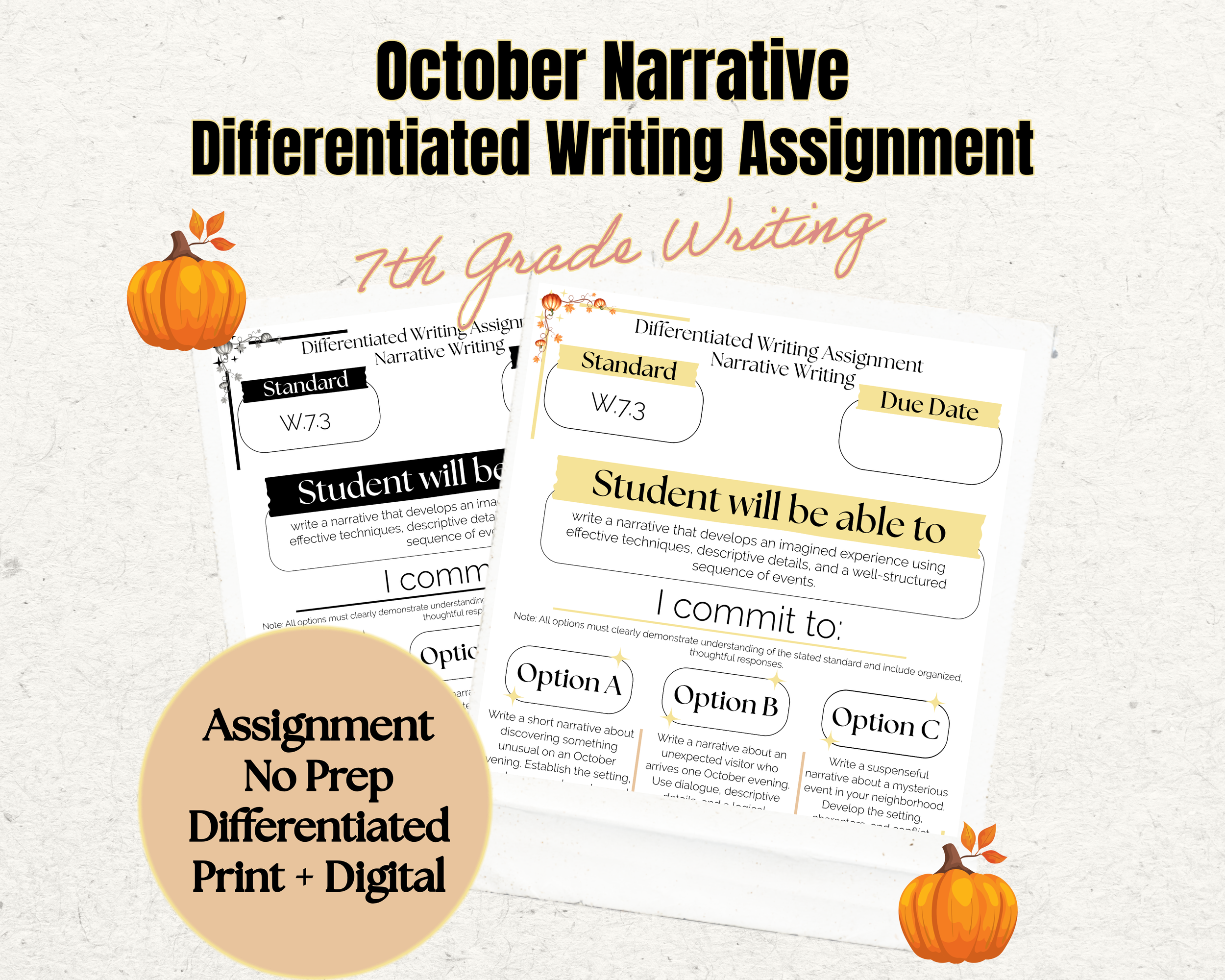 October Narrative Writing Assignment | W.7.3 | 7th Grade ELA | Student Choice Activity | No Prep Print & Digital