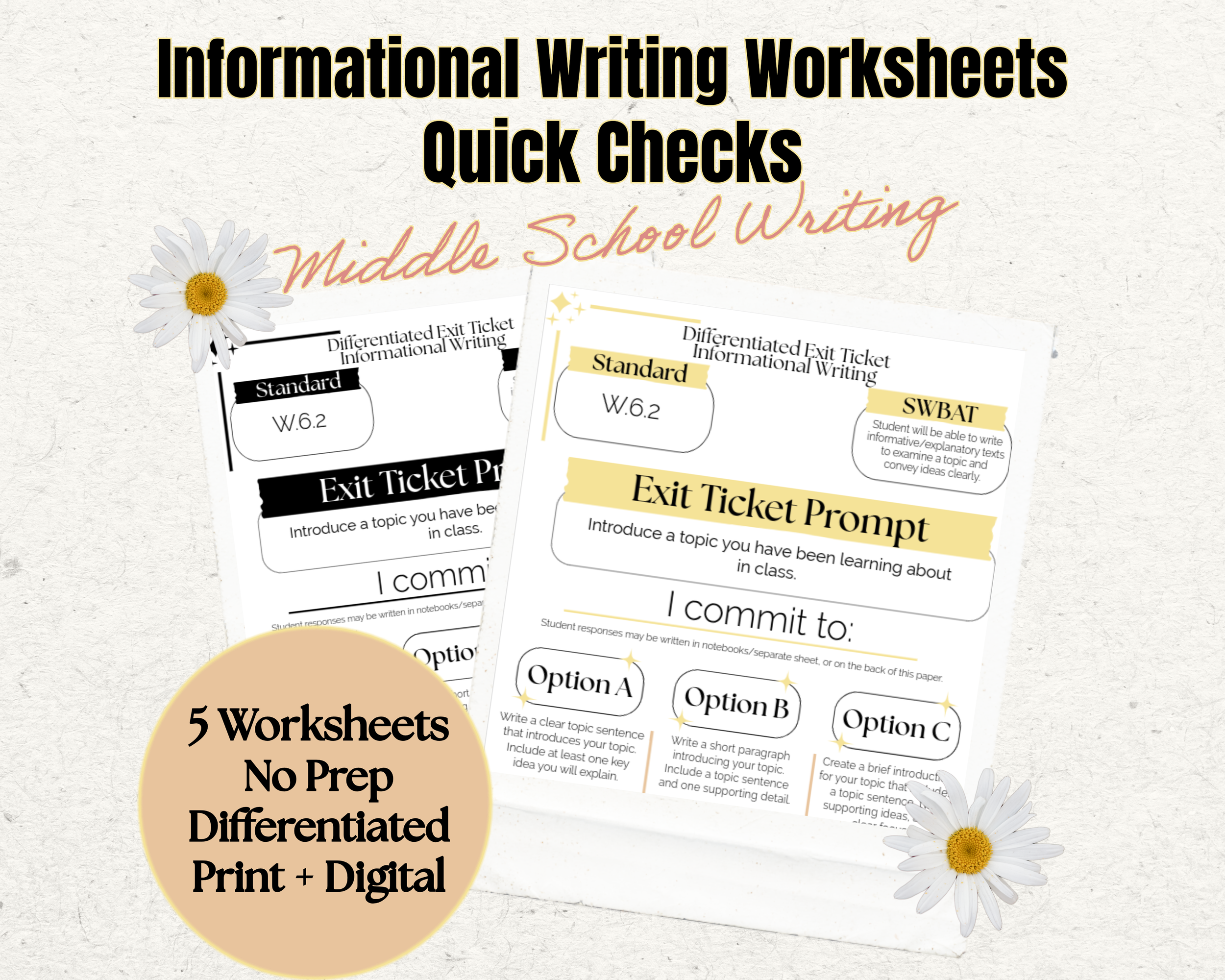 Informational Writing Worksheets | Quick Check Writing Practice | 6th Grade ELA | Exit Tickets | No Prep Print & Digital
