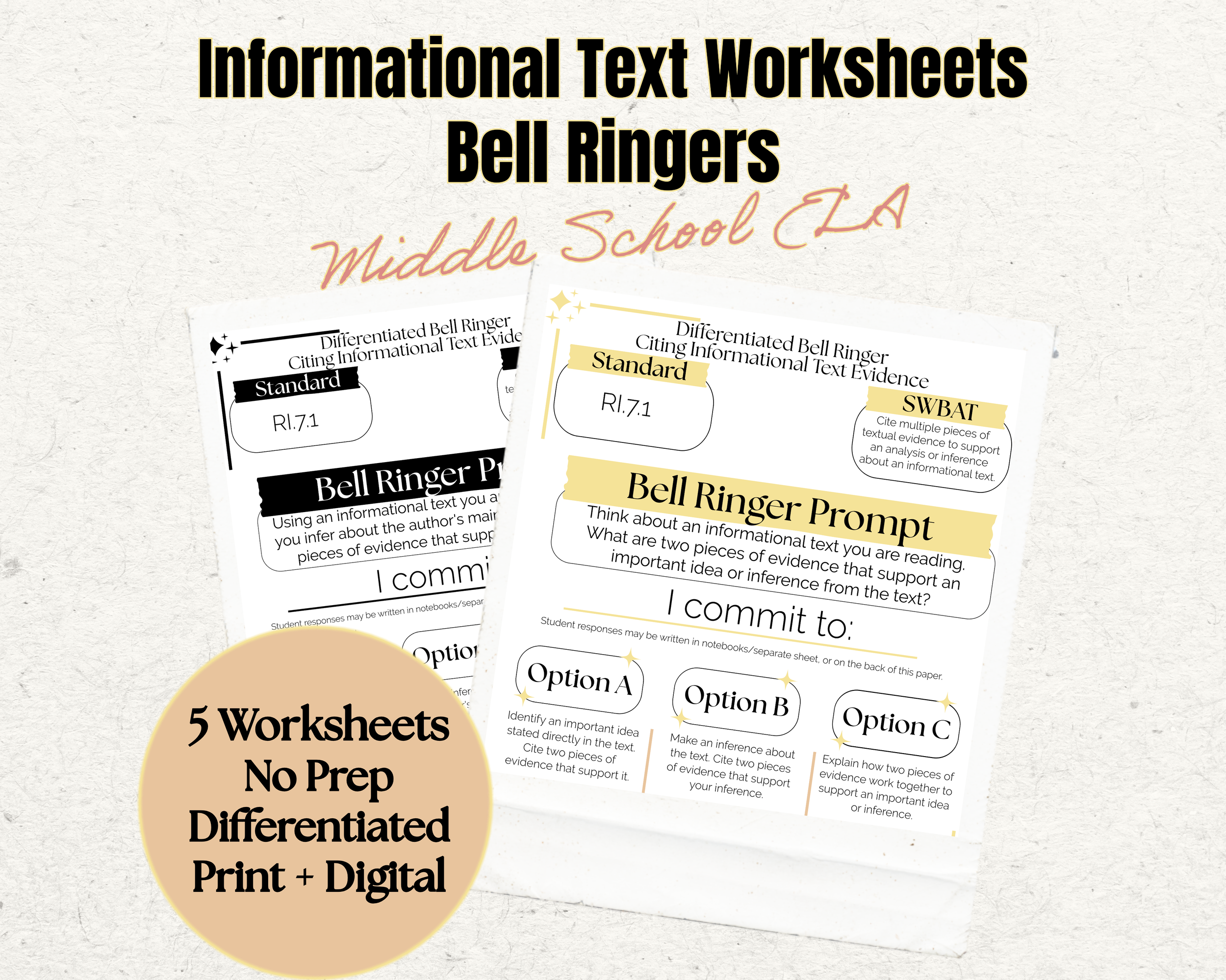 Citing Informational Text Worksheets | 7th Grade Reading Comprehension | Text Evidence Activities | Bell Ringers | No Prep Print & Digital