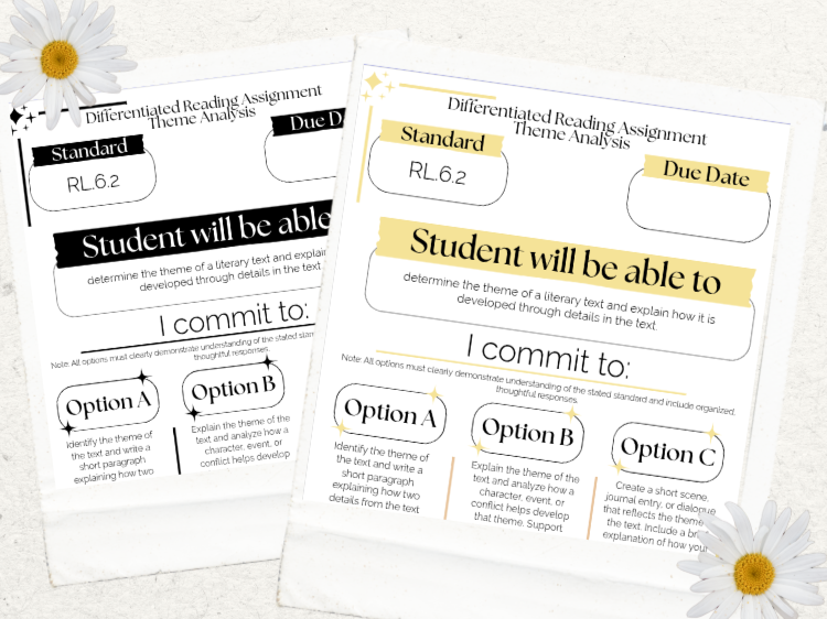 Two printed sheets of a Student Differentiated Reading Assignment, with black and yellow highlighted headings, multiple choice options, and decorated with daisies.