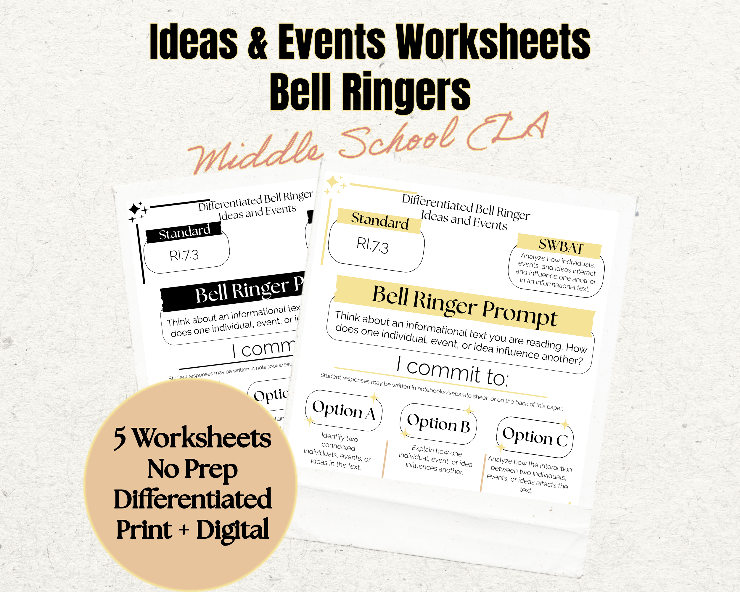 Ideas and Events Development Worksheets | 7th Grade Reading Comprehension | Ideas Activities | Bell Ringers | No Prep Print & Digital