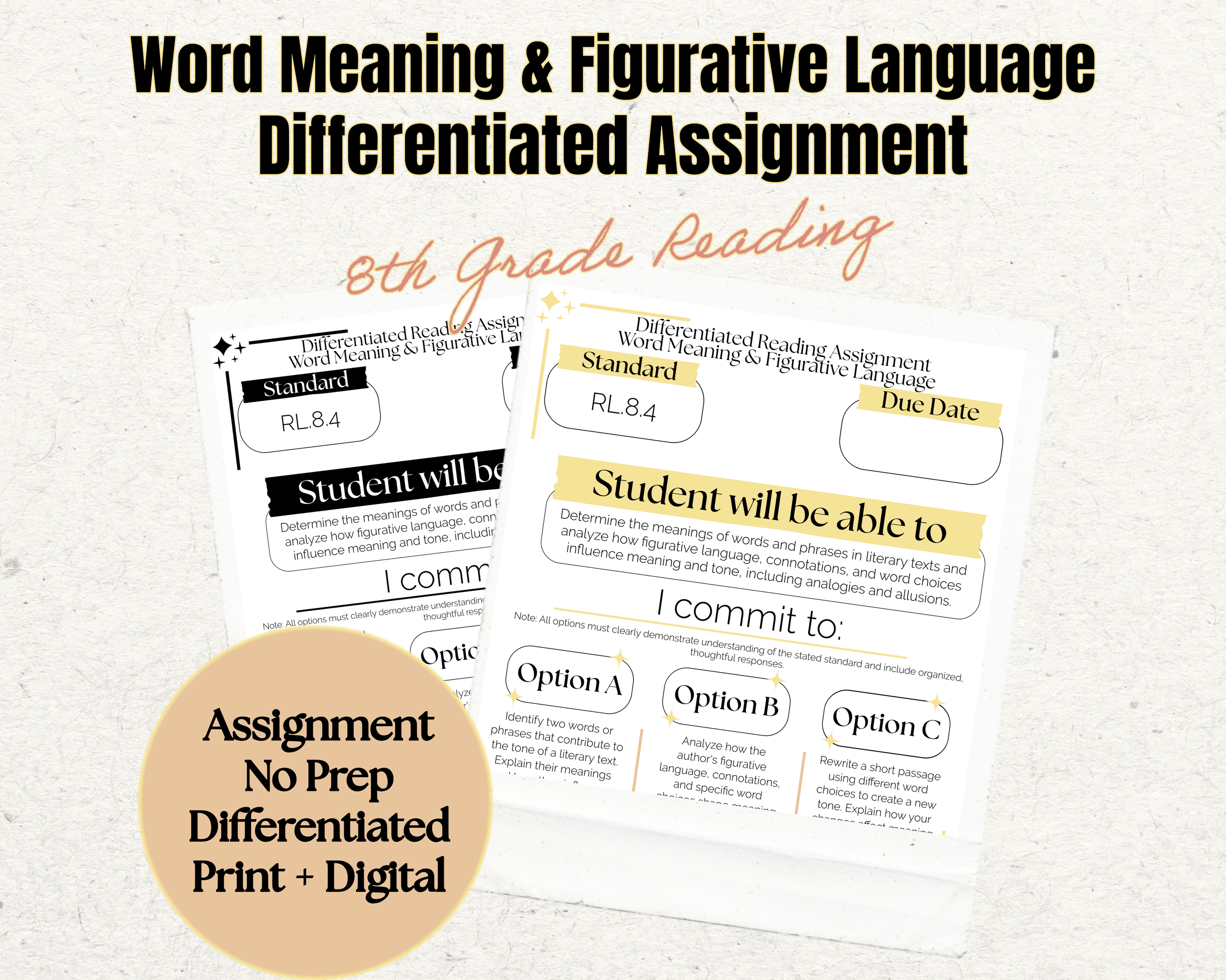 Word Meaning & Figurative Language Assignment | RL.8.4 | 8th Grade ELA | Student Choice Activity | No Prep Print & Digital