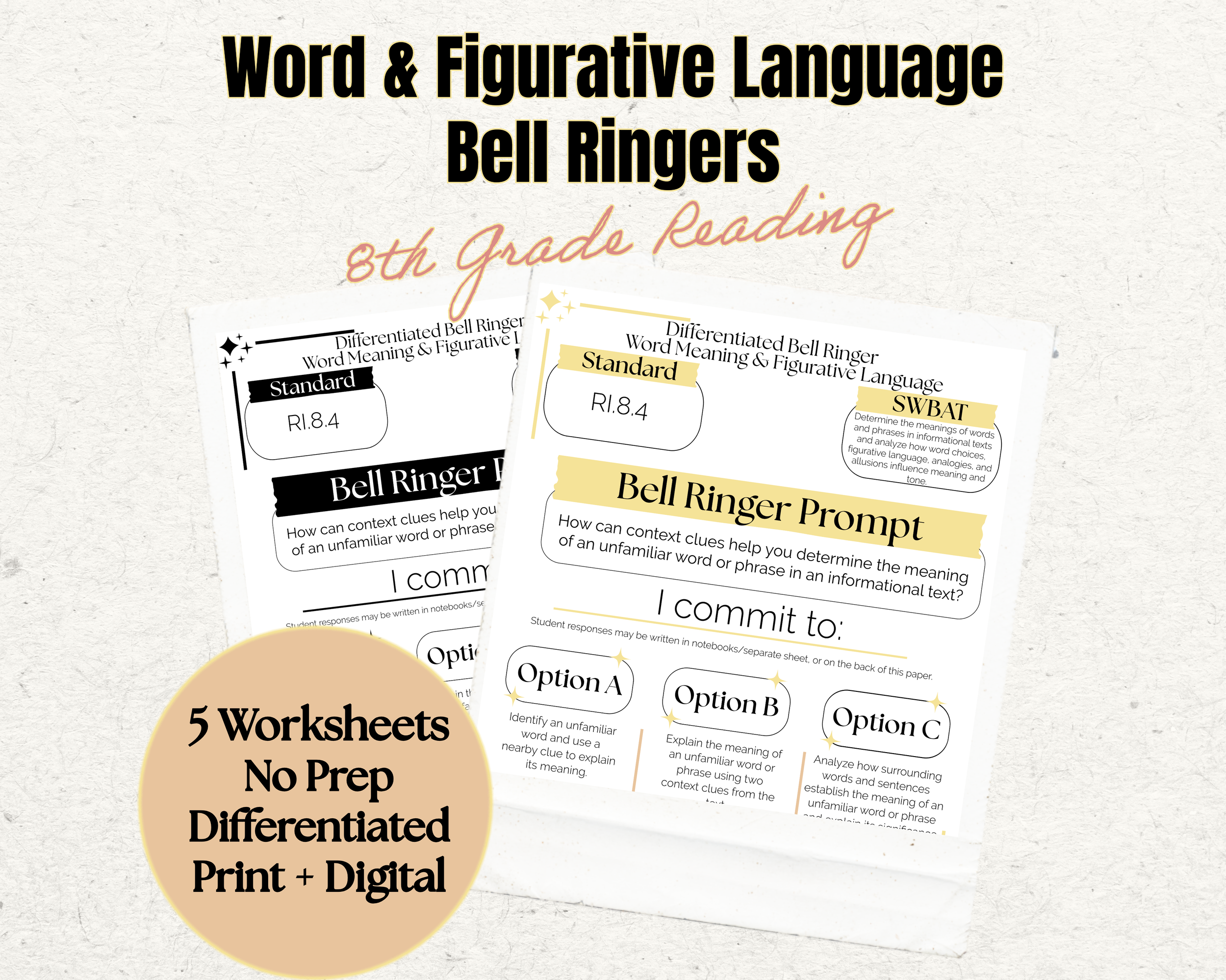 Word Meaning  and Figurative Language Worksheets | 8th Grade Reading Comprehension | Figurative Language Activities | Bell Ringers | No Prep Print & Digital