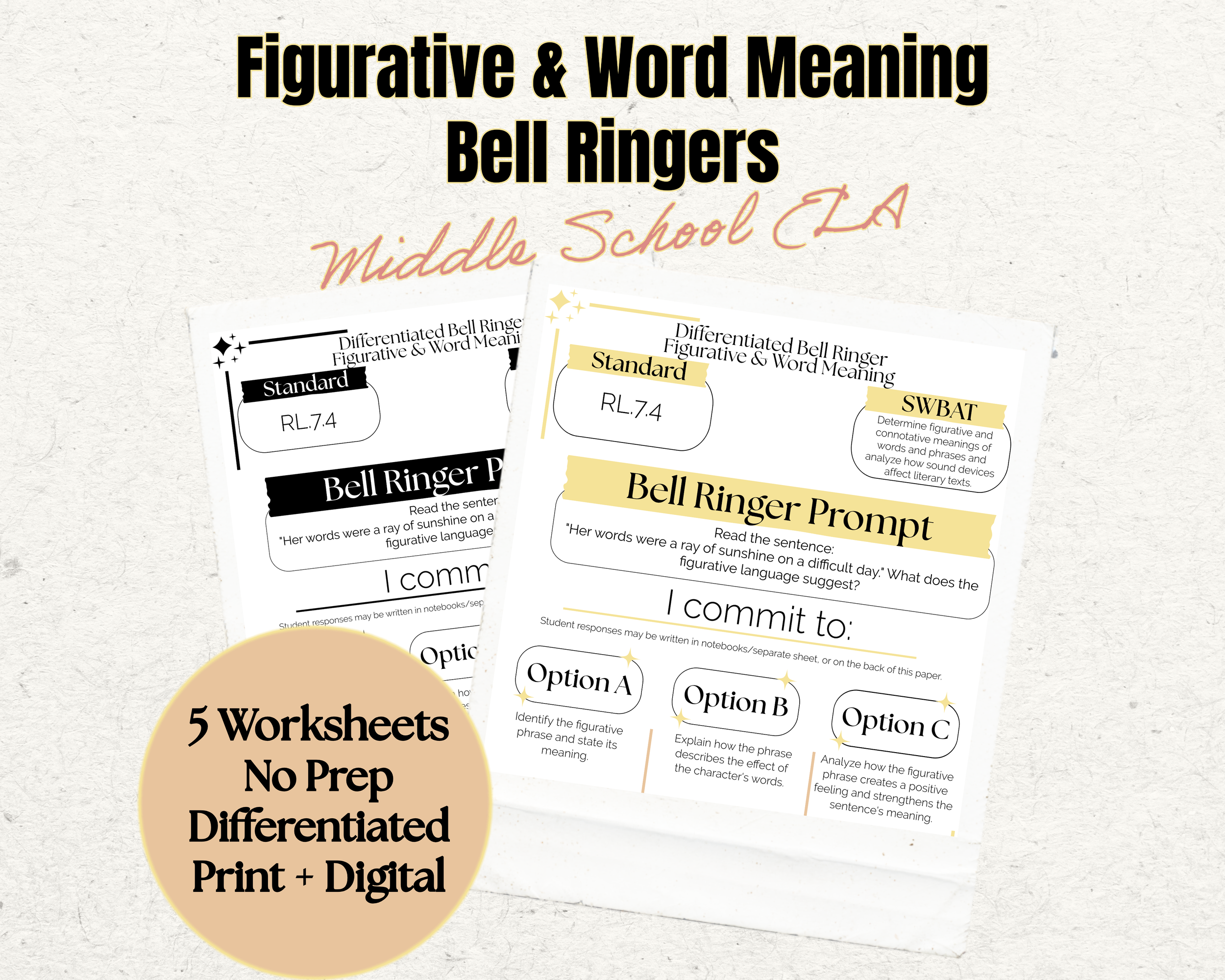 Figurative Language and Word Meaning Worksheets | 7th Grade Reading Comprehension | Vocabulary Activities | Bell Ringers | No Prep Print & Digital