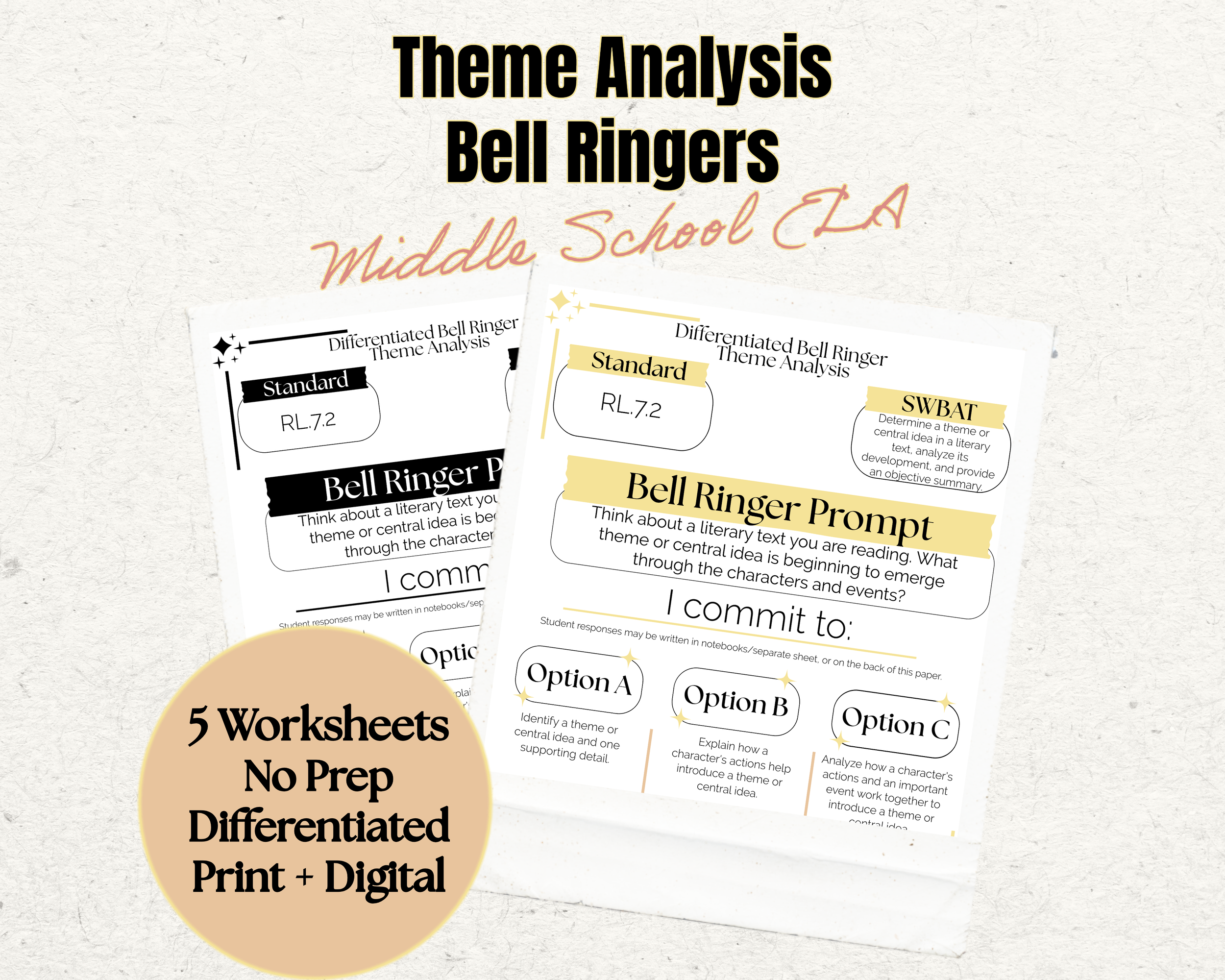 Theme Worksheets | 7th Grade Reading Comprehension | Theme Analysis Activities | Bell Ringers | No Prep Print & Digital