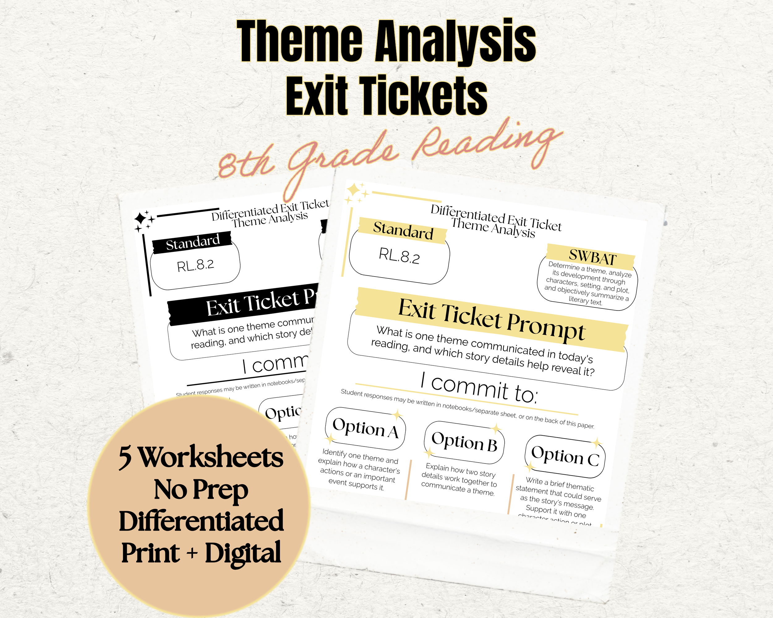 Theme Analysis Worksheets | Quick Check Reading Comprehension | 8th Grade ELA | Exit Tickets | No Prep Print & Digital