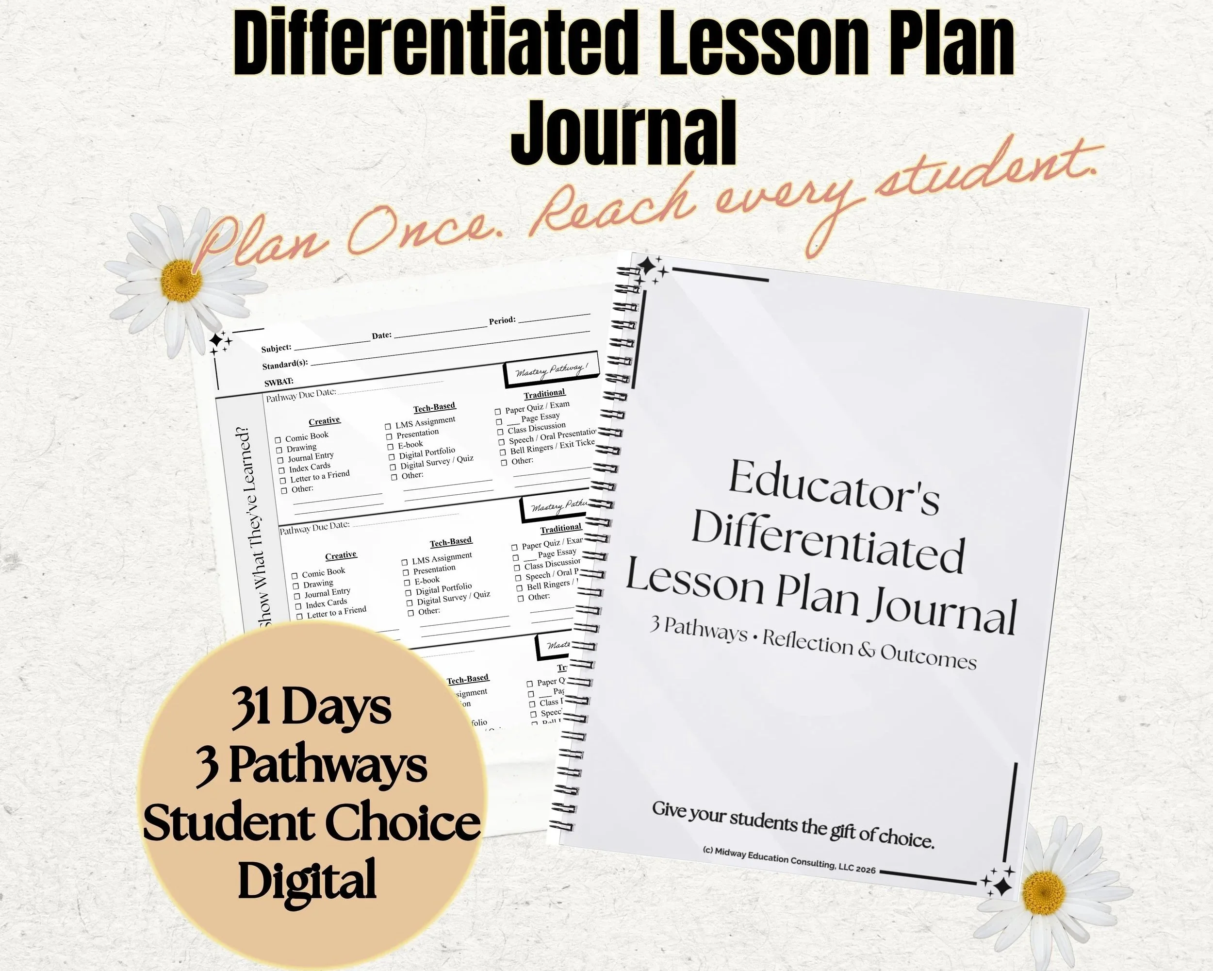 Differentiated Lesson Plan Journal | Teacher Planner | Printable PDF | Choice-Based Learning | Reflection & Outcomes