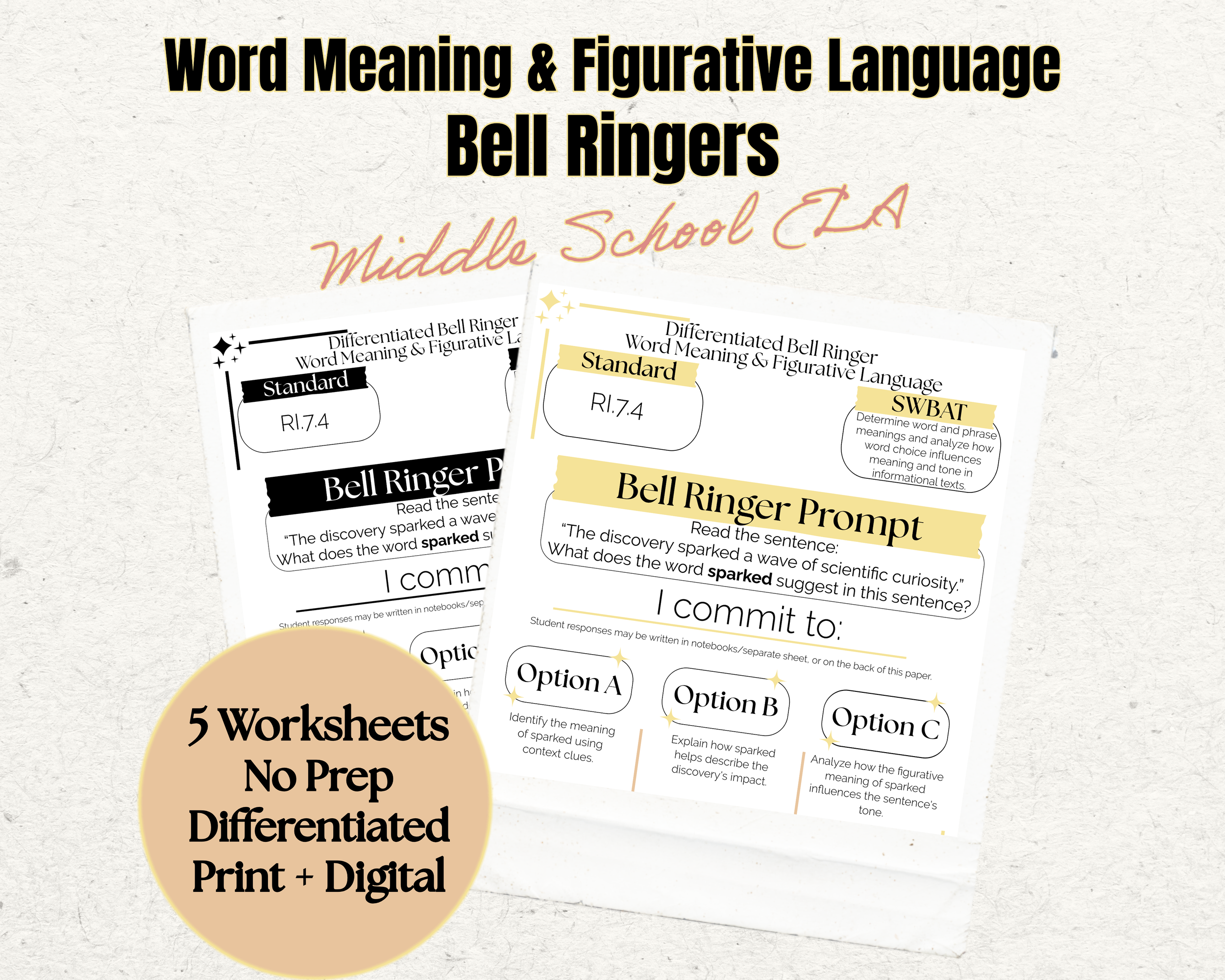 Word Meaning  and Figurative Language Worksheets | 7th Grade Reading Comprehension | Figurative Language Activities | Bell Ringers | No Prep Print & Digital