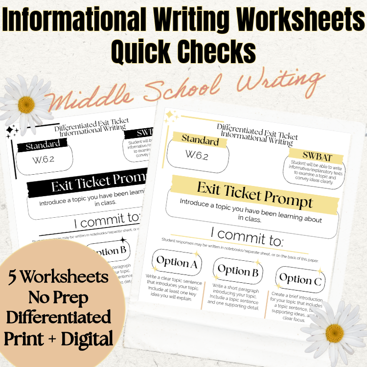 Informational Writing Worksheets | Middle School Writing Practice | Writing Prompts | Quick Checks | No Prep Print & Digital