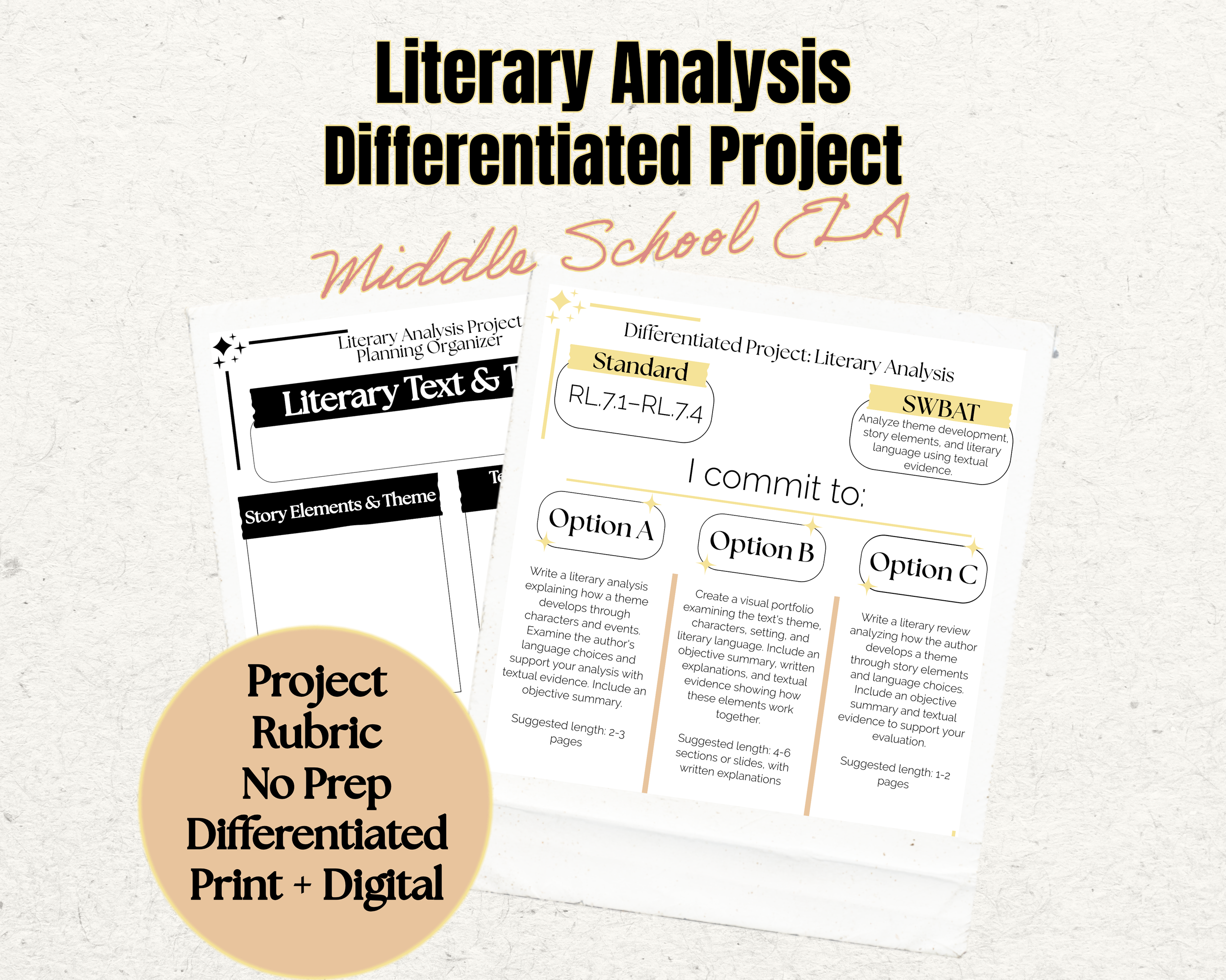 Literary Analysis Project | RL.7.1 | RL.7.2 | RL.7.3 | RL.7.4 | 7th Grade ELA | Student Choice Activity | No Prep Print & Digital