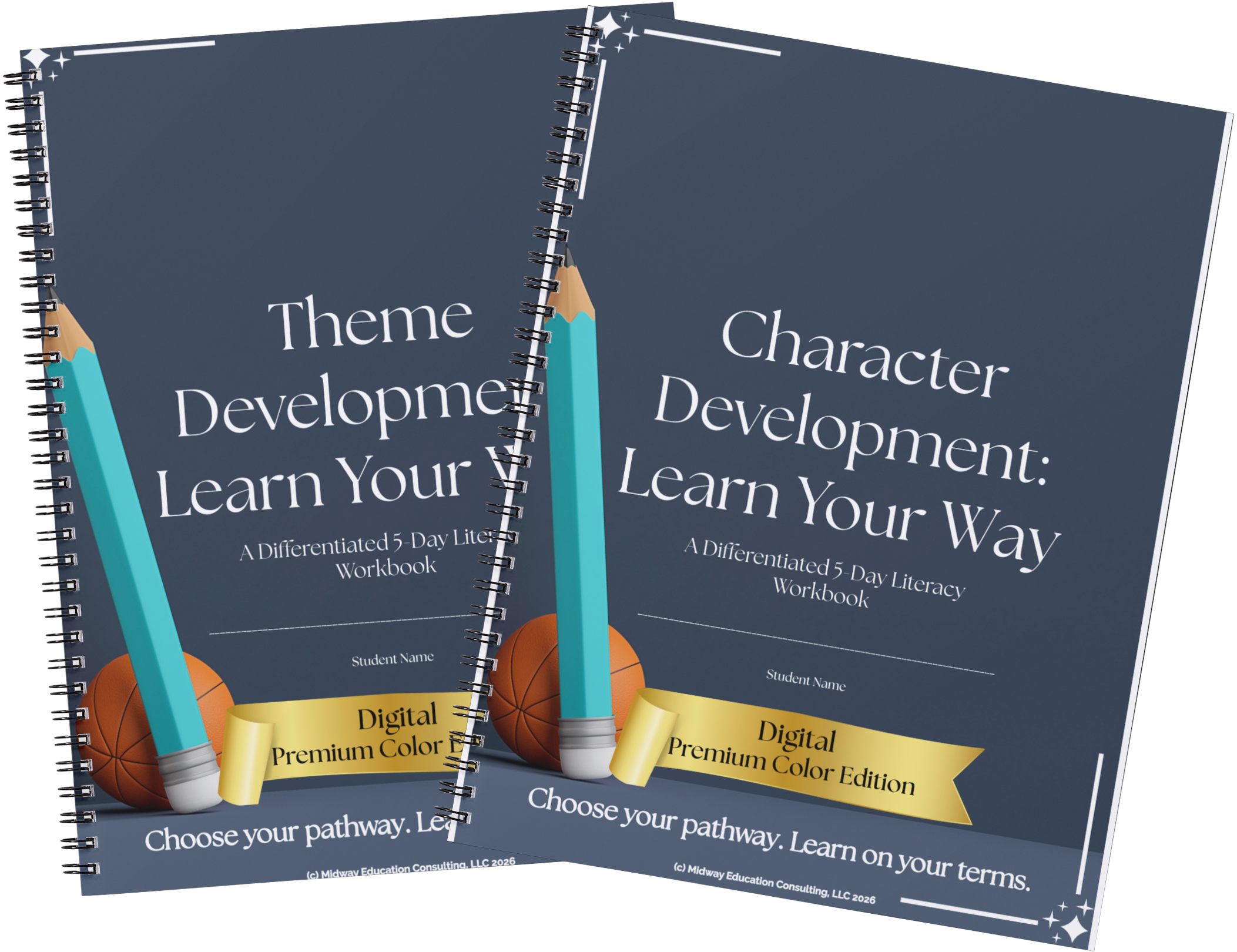 Three spiral-bound workbooks titled 'Theme Development: Learn Your Way' with basketballs and a crayon illustration on the covers; the books are described as a 'Differentiated 5-Day Literacy Workbook' and a 'Digital Download Premium Color Edition,' designed for student use.