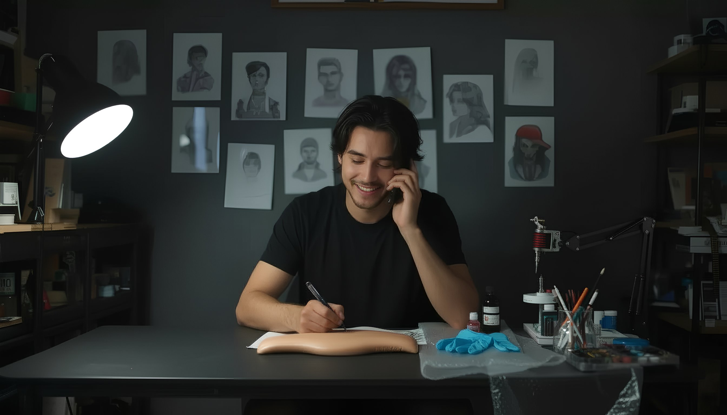 young man on the phone talking to a tattoo shop to make an appointment