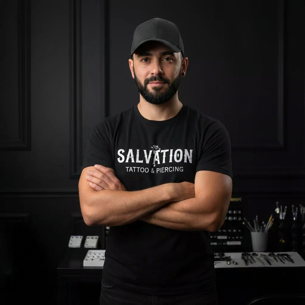 Professional tattoo and piercing artist at Salvation Tattoo Lounge standing confidently inside a modern tattoo studio, wearing a Salvation Tattoo & Piercing shirt with tattoo equipment visible in the background