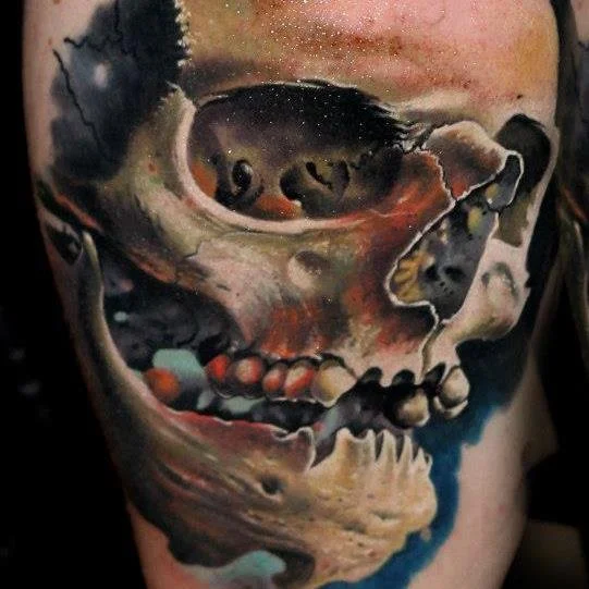 Artistic realism tattoo of a skull with painterly textures and layered color tones in a custom tattoo design