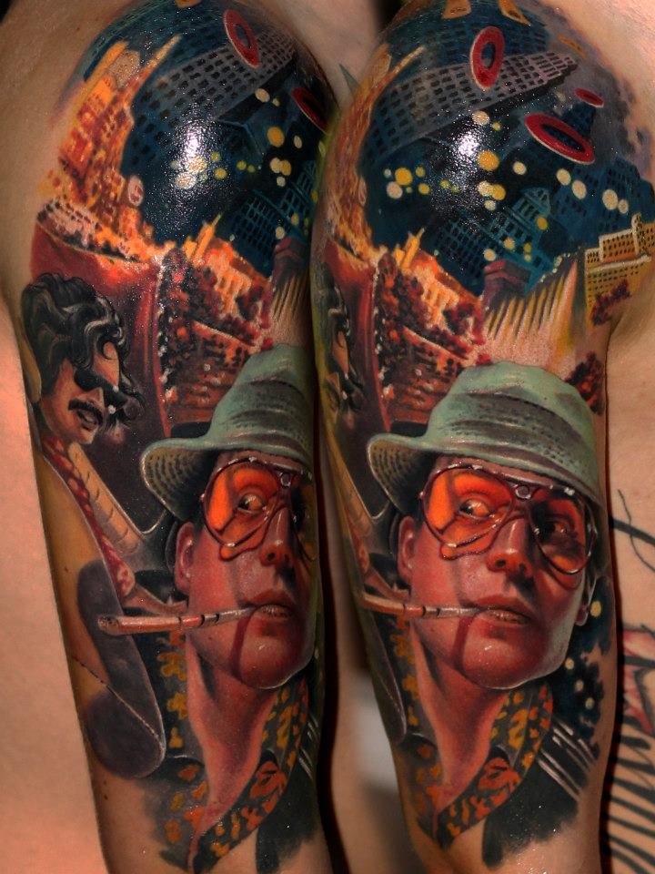 Surreal realism sleeve tattoo with a custom portrait and layered cityscape elements in a large-scale tattoo composition