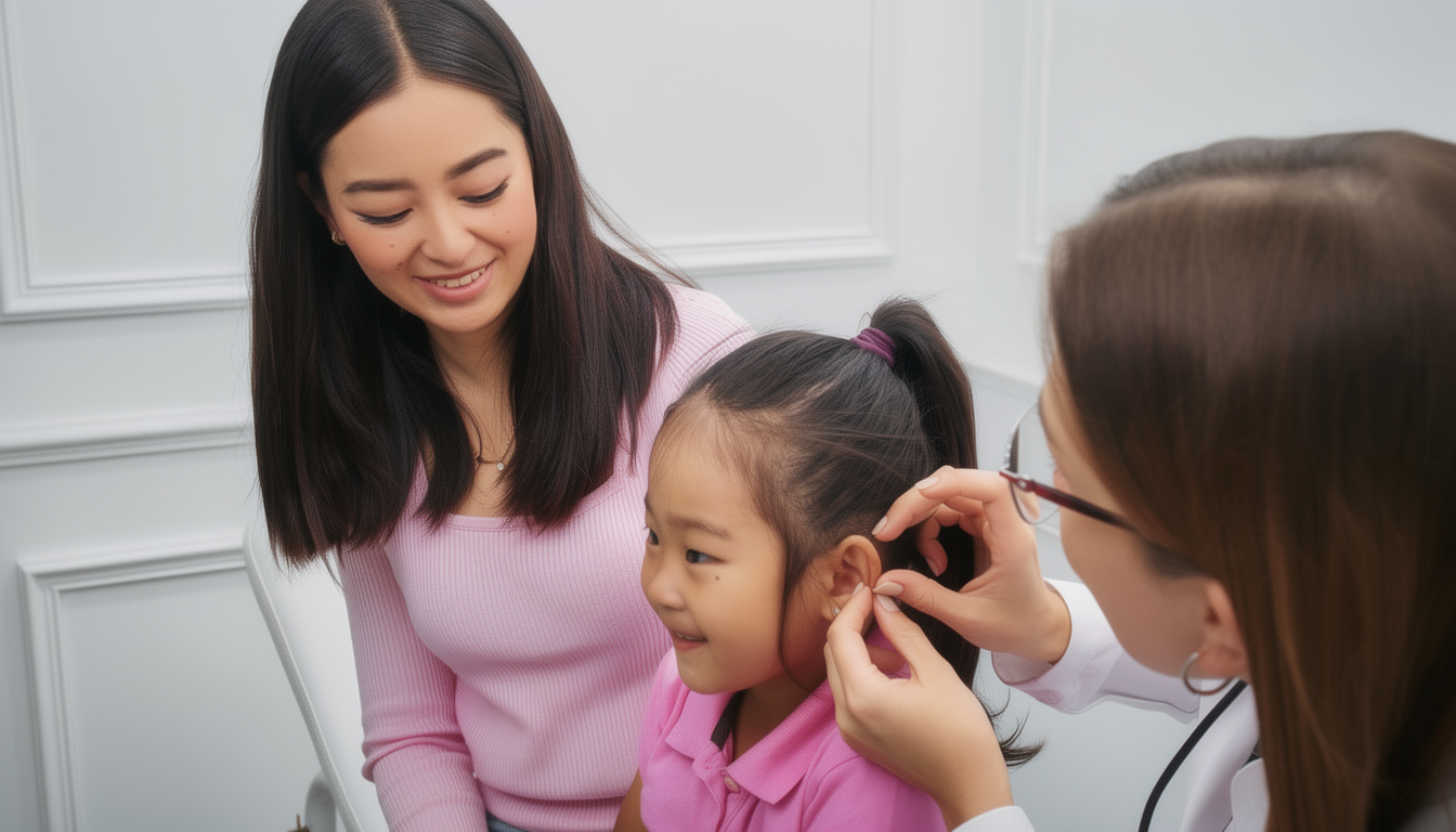 Child receiving safe ear piercing from a professional in a clean studio in Pembroke Pines