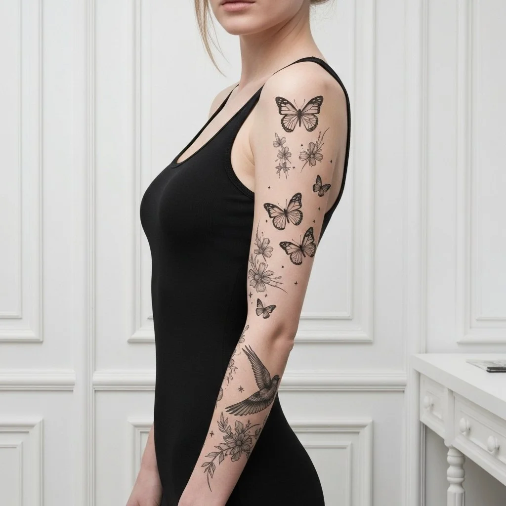 Butterfly and bird tattoo sleeve done at Salvation Beauty Ink tattoo shop in Pembroke Pines Florida