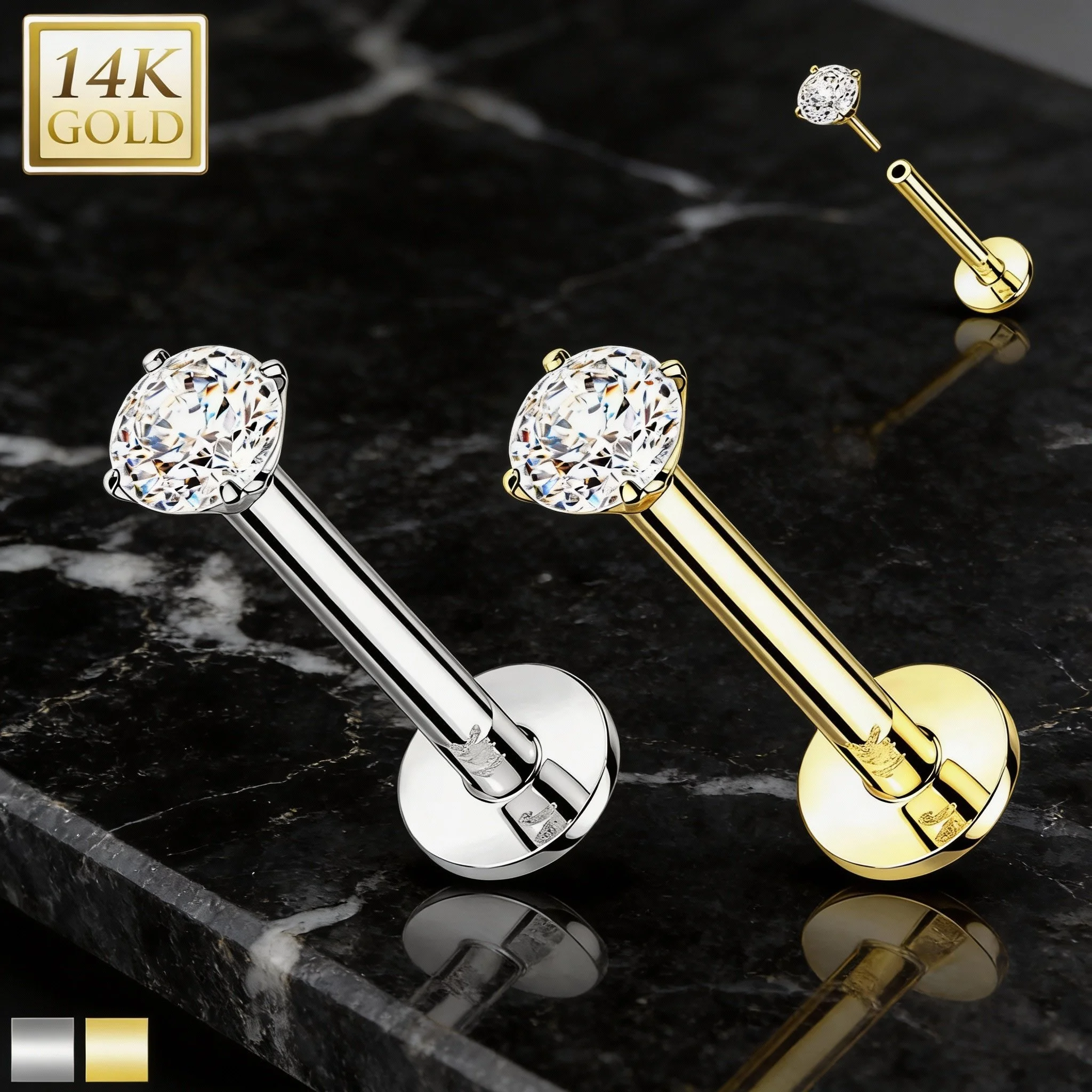 Diamond labret stud piercing jewelry in gold and white gold options