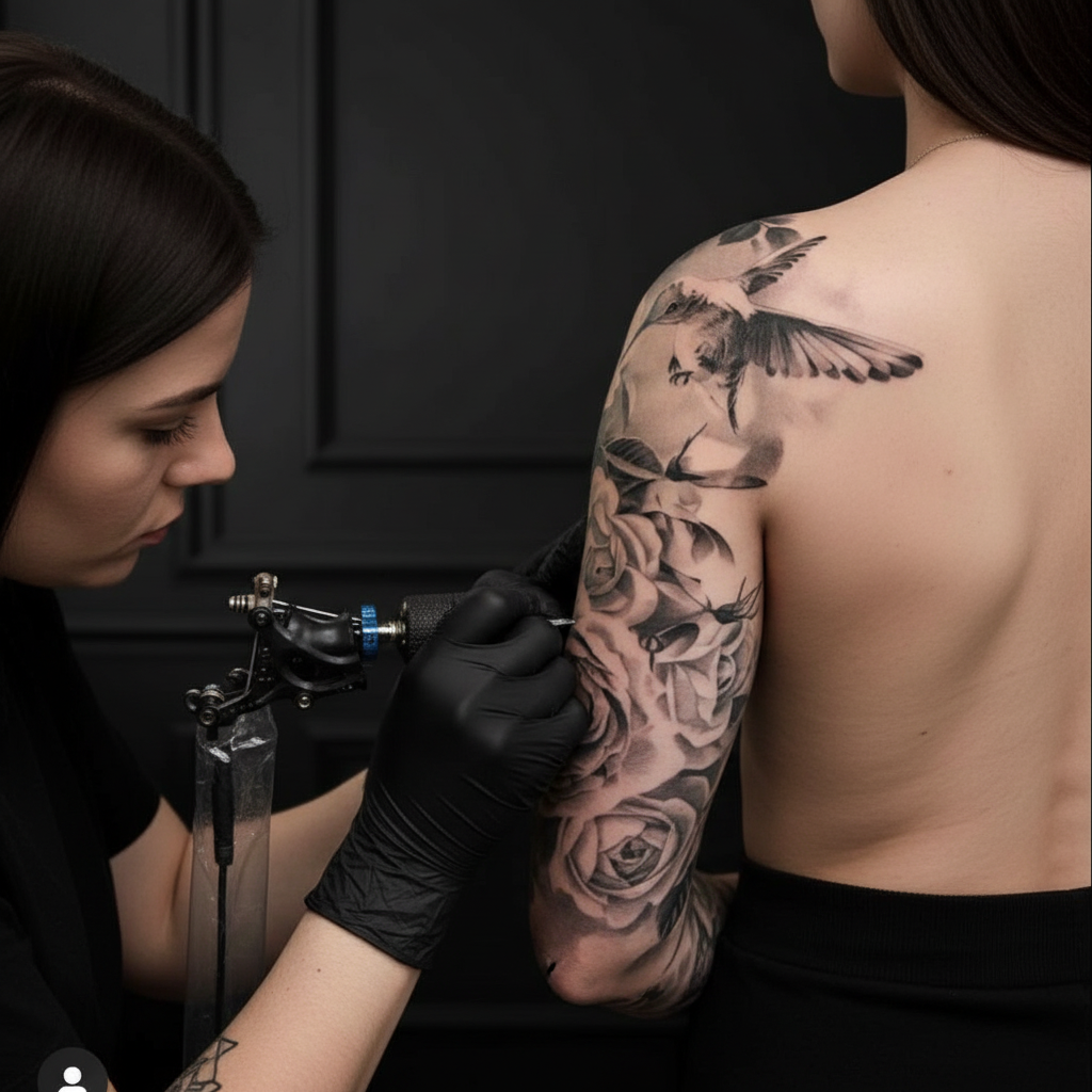 Tattoo artist working on a custom black and gray upper arm tattoo inside a professional Salvation Tattoo Lounge studio