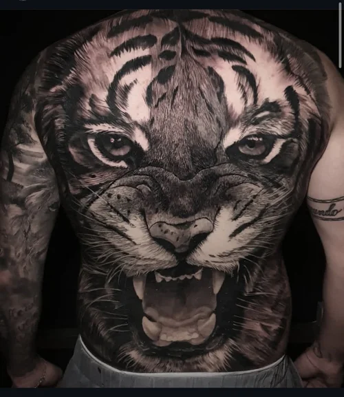 Black and grey realistic tiger chest tattoo by Macu at Salvation Tattoo Lounge in Coral Springs