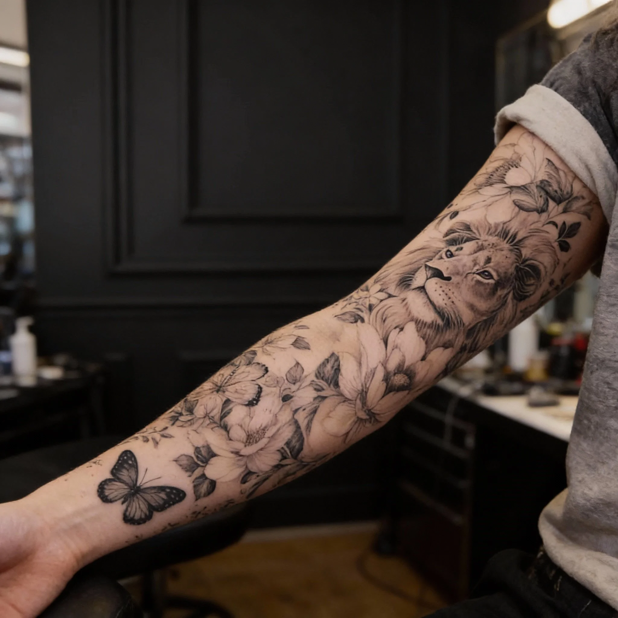 Custom black and gray sleeve tattoo featuring a lion, flowers, and butterfly at Salvation Tattoo Lounge in Coral Springs