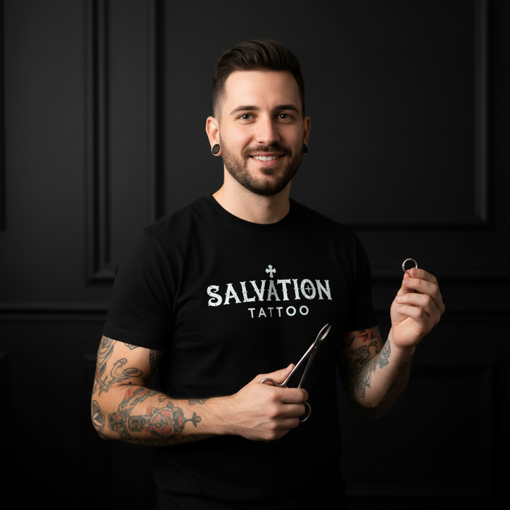 Professional body piercer at Salvation Tattoo Lounge in Chapel Hill holding piercing tools in a clean studio setting.