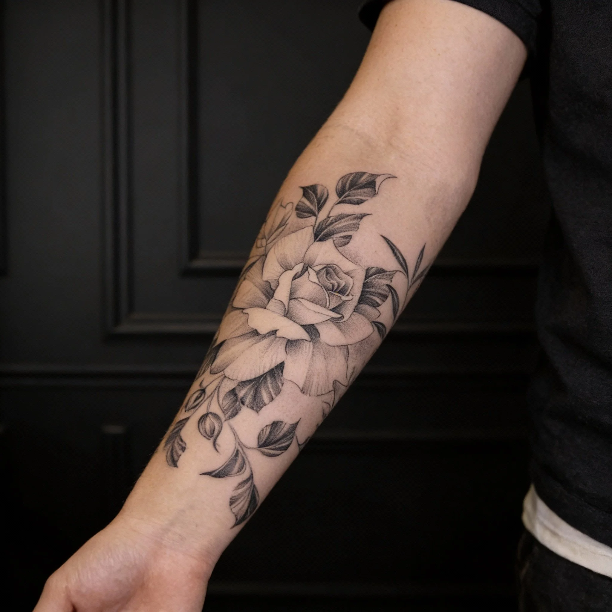 Fine line floral forearm tattoo with detailed roses and leaves done by a Miami Beach tattoo artist, featuring clean linework and soft shading