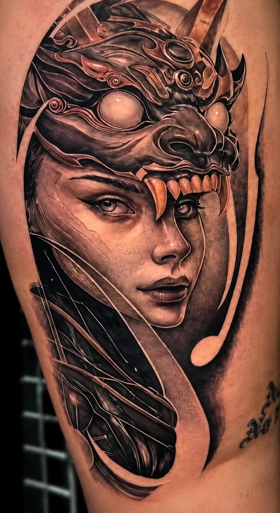 Oni mask warrior portrait tattoo by Ajay