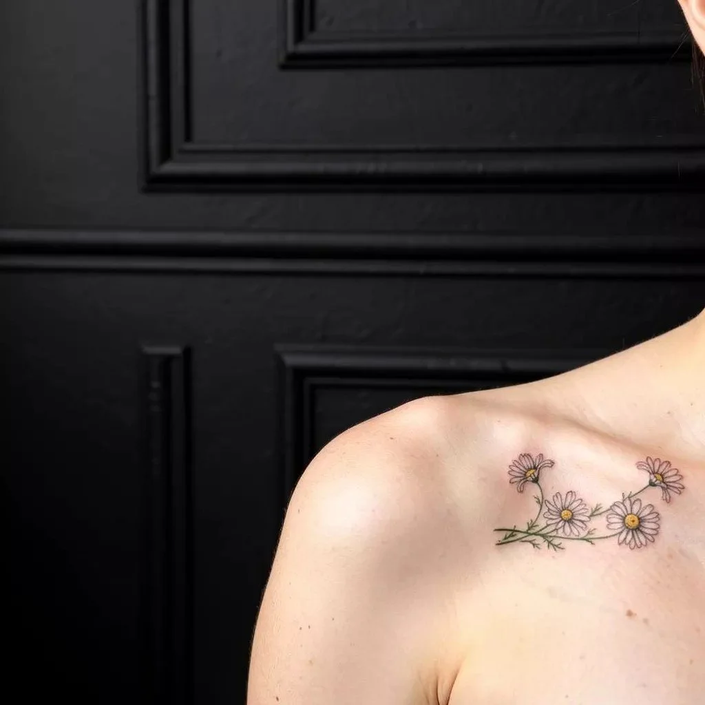 Fine line floral tattoo on the upper chest featuring delicate linework and minimal shading