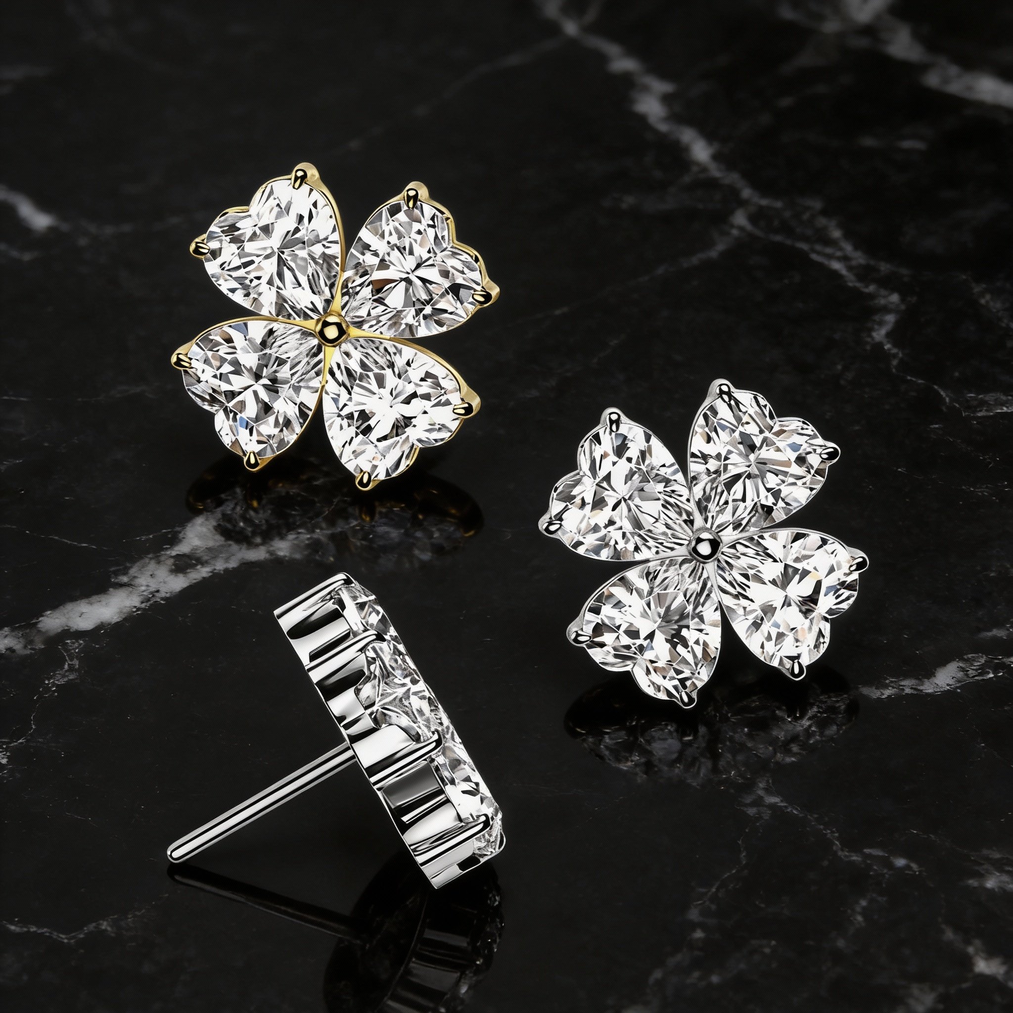 Front and side view of 14k gold flower diamond piercing jewelry on black stone surface