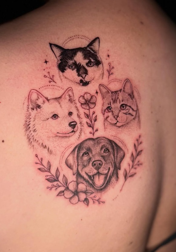 Fine-line pet portrait tattoo featuring cats and dogs with floral details by Carol