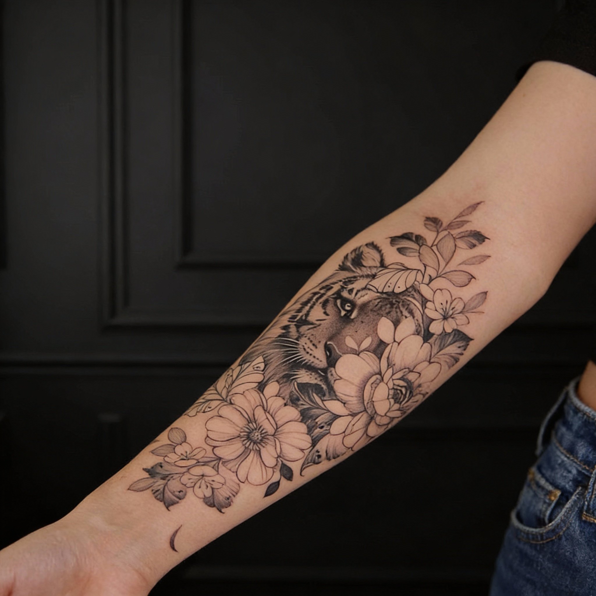 Detailed black and gray floral forearm tattoo with soft shading and precise linework, showcasing custom tattoo artistry at Salvation Tattoo Lounge