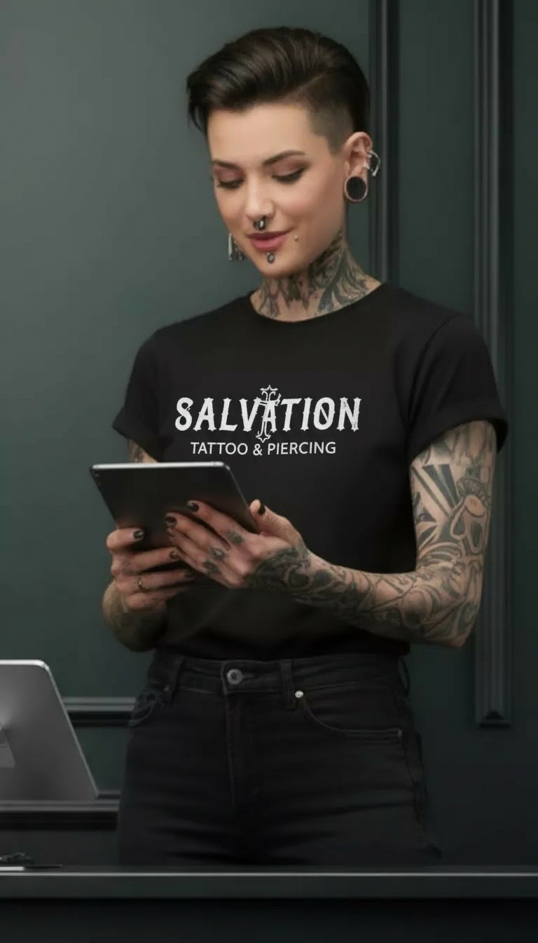 Professional body piercer at Salvation Tattoo Lounge in South Beach Miami Beach preparing jewelry in a clean, modern piercing studio