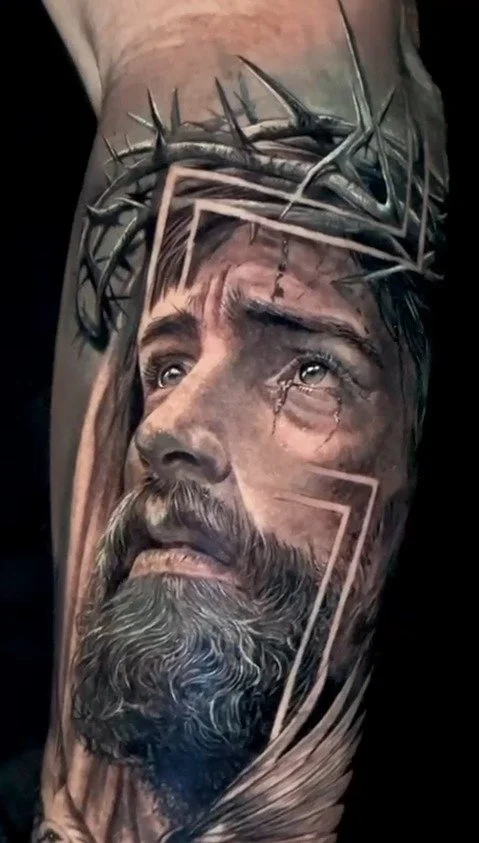 Award-winning black and gray Jesus realism tattoo with crown of thorns by Jhonatan at Salvation Tattoo Lounge Coral Springs