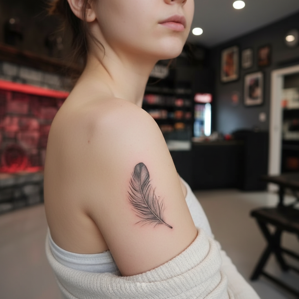 Small fine-line feather tattoo with soft shading and minimalist detail on the upper arm