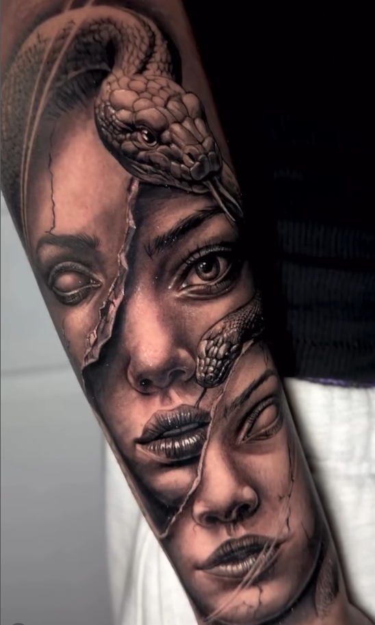 Woman and snake black and grey realism tattoo by Jhonathan