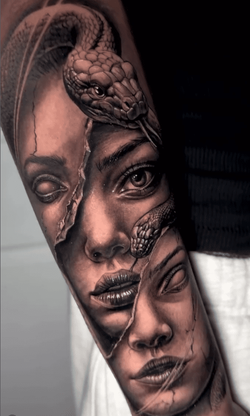 Black and grey surreal realism portrait with woman and snake by Jhonathan at Salvation Tattoo Lounge