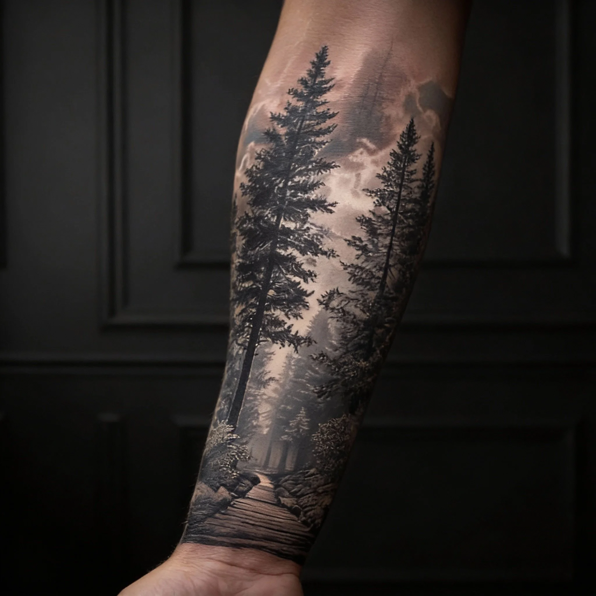 Black and grey forest forearm tattoo with trees and depth shading created by a Miami tattoo artist, showcasing smooth gradients and realism style