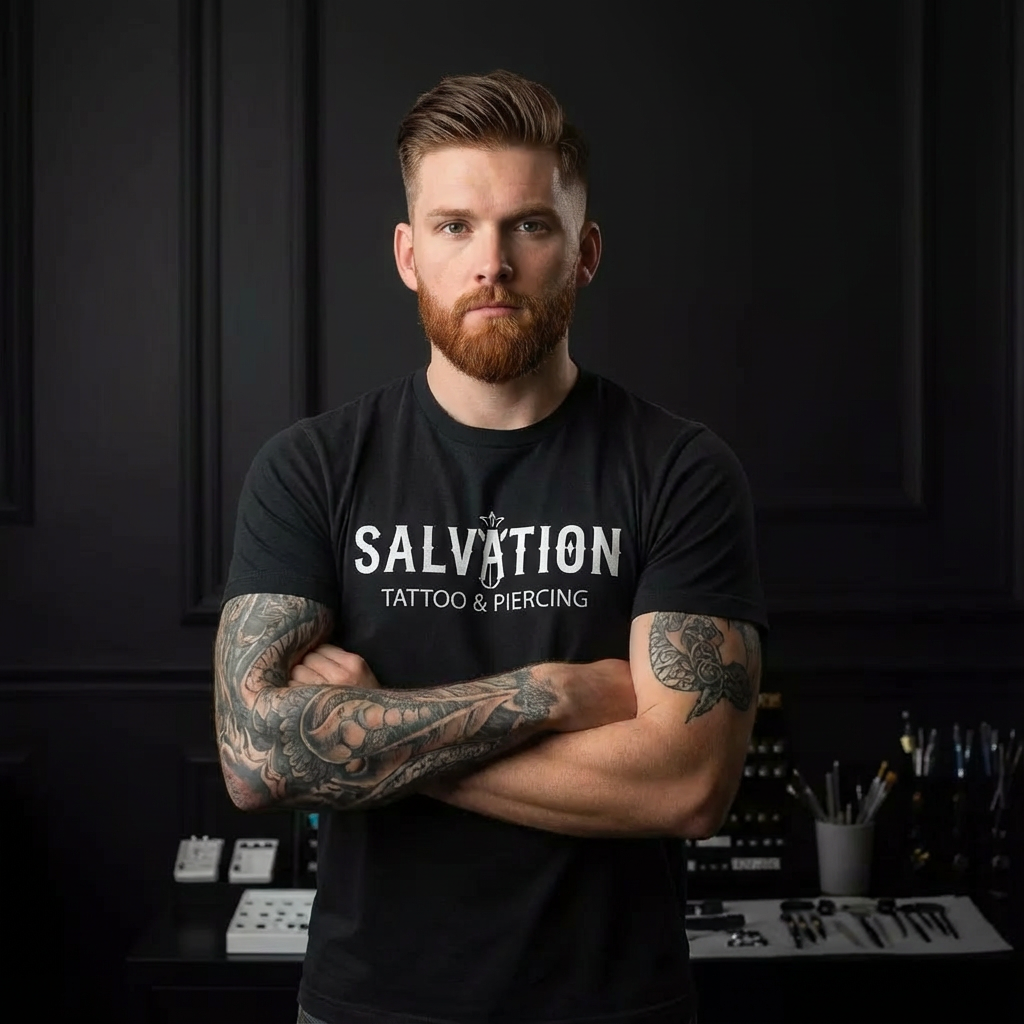 Professional tattoo artist at Salvation Tattoo Lounge standing confidently inside a modern tattoo studio, wearing a Salvation Tattoo & Piercing shirt