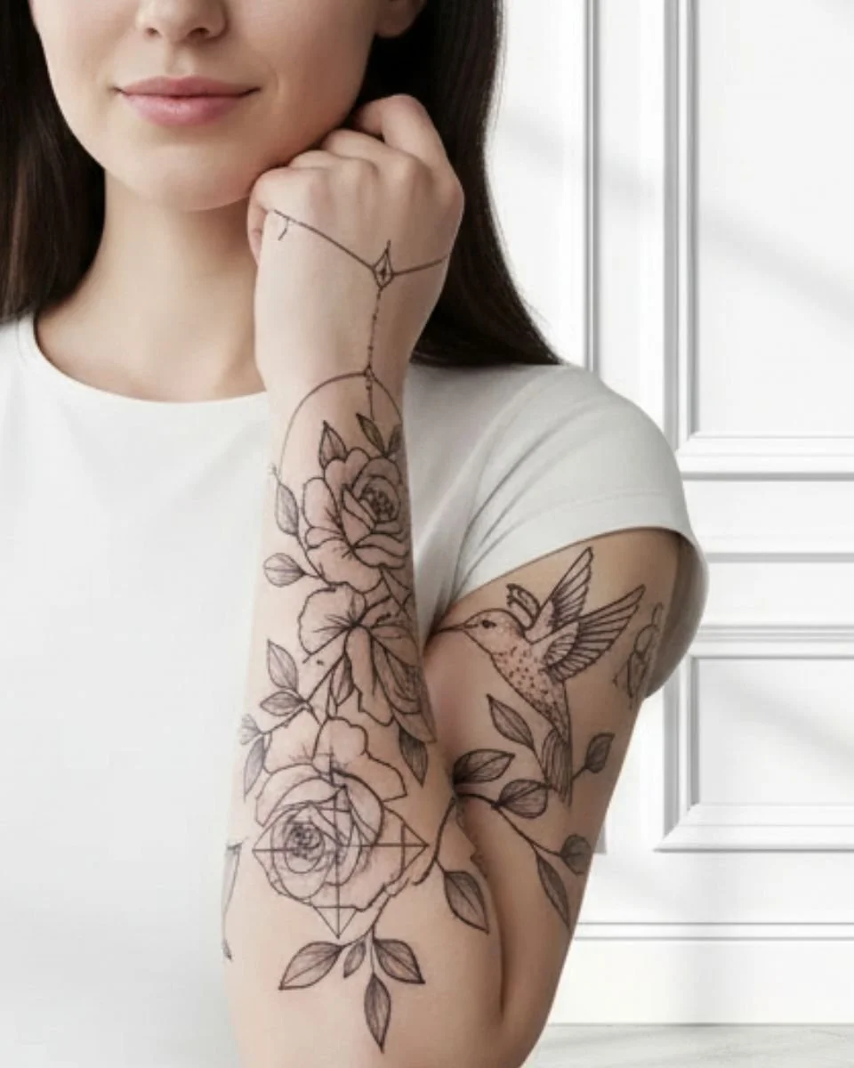 Fine line floral arm tattoo design in Chapel Hill NC for small and custom tattoos
