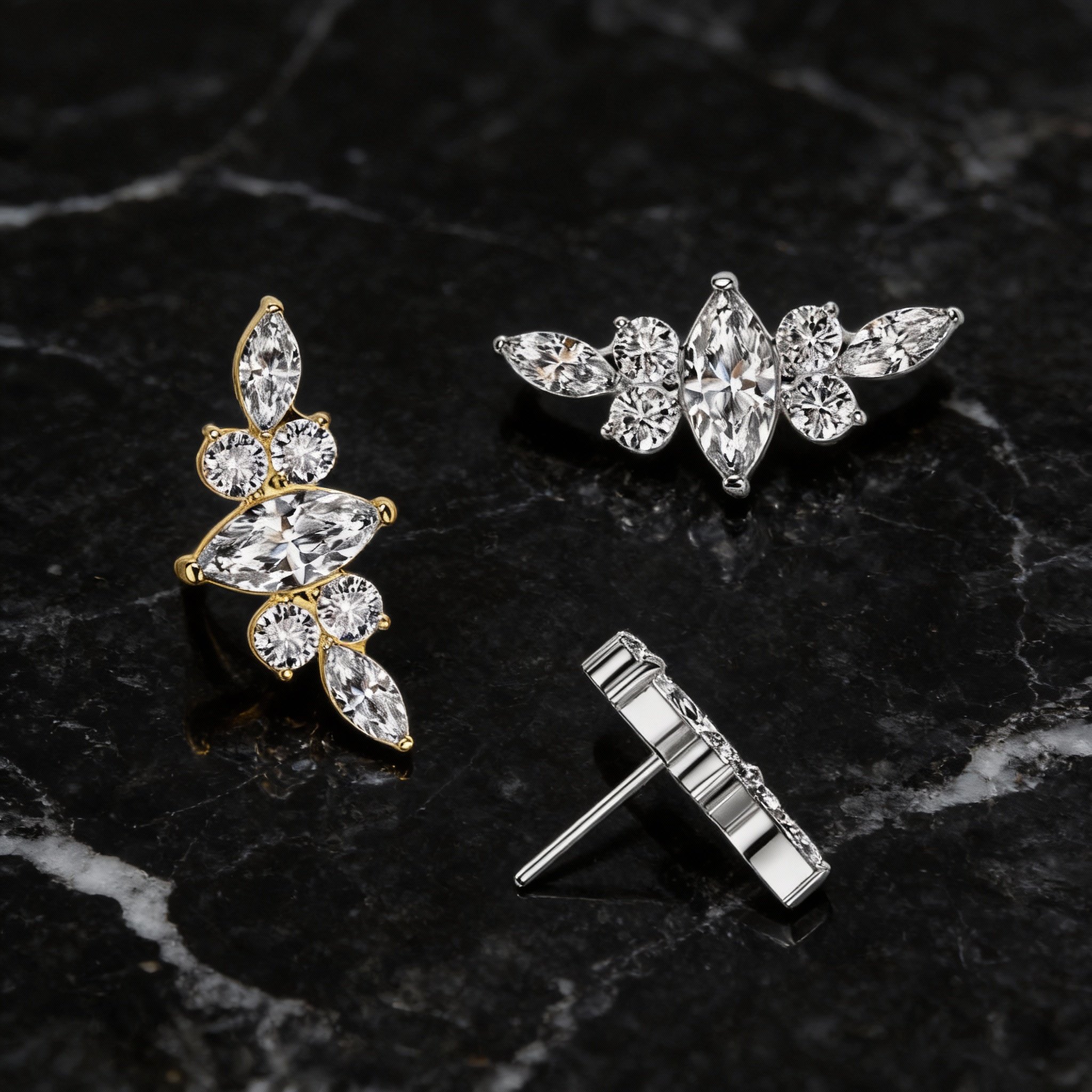 Luxury marquise and round diamond body piercing jewelry set in gold and white gold