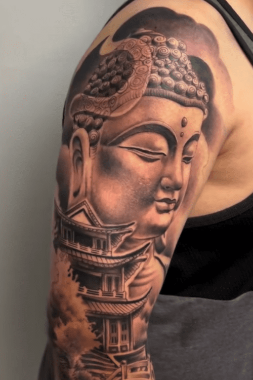 Detailed Buddha tattoo by Alfonso at Salvation Tattoo Lounge in Coral Springs